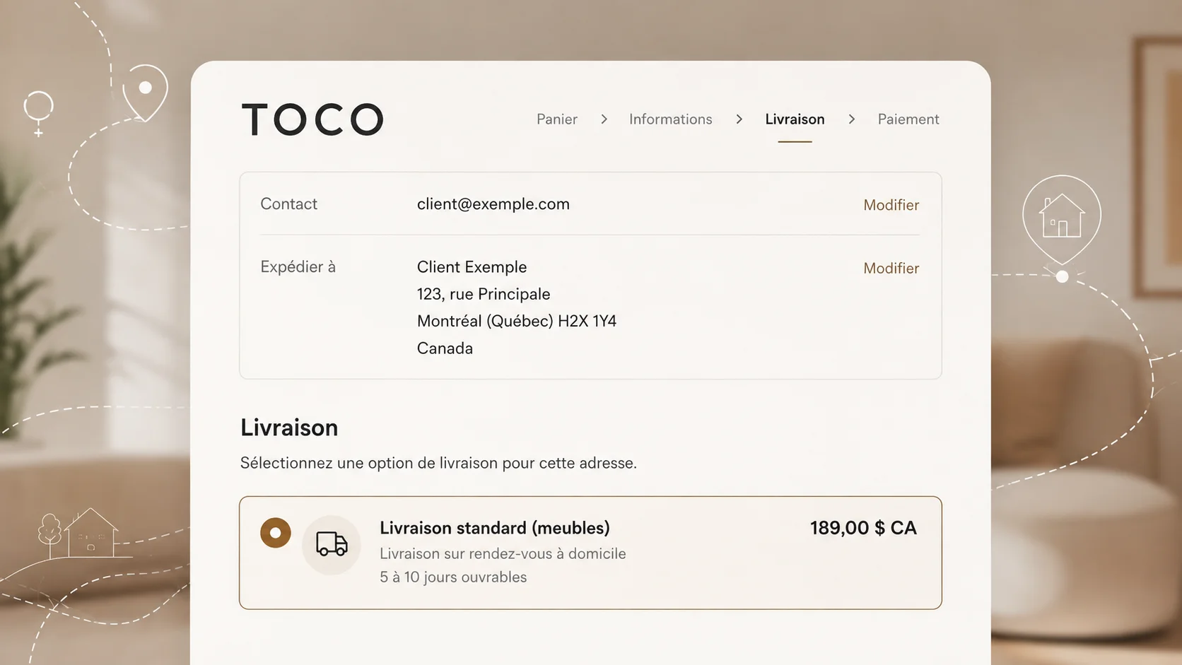 Checkout Shopify de Meubles TOCO affichant le tarif de livraison calculé selon l’adresse