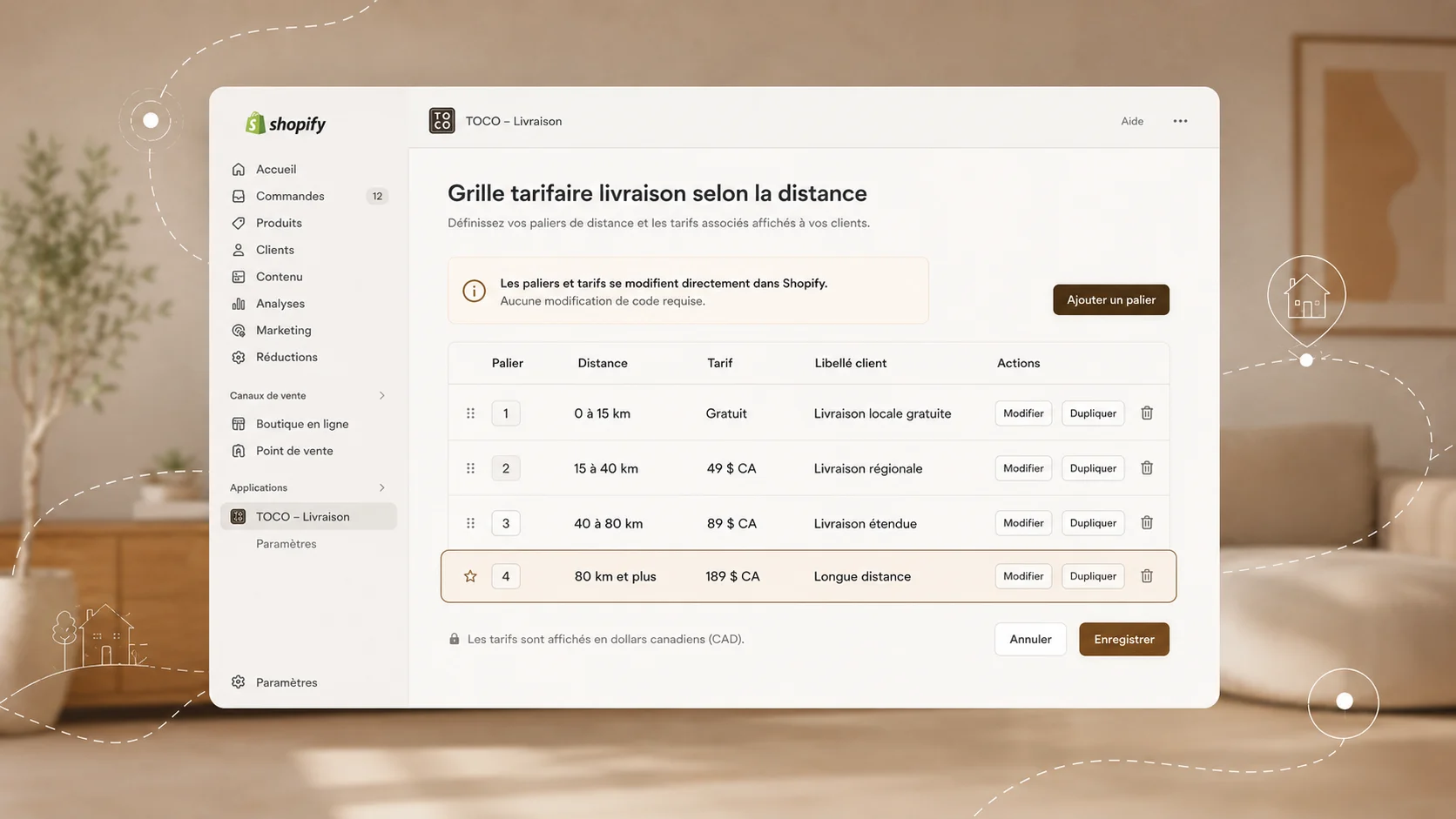 Grille des paliers de distance et de tarifs configurée dans l’administration Shopify